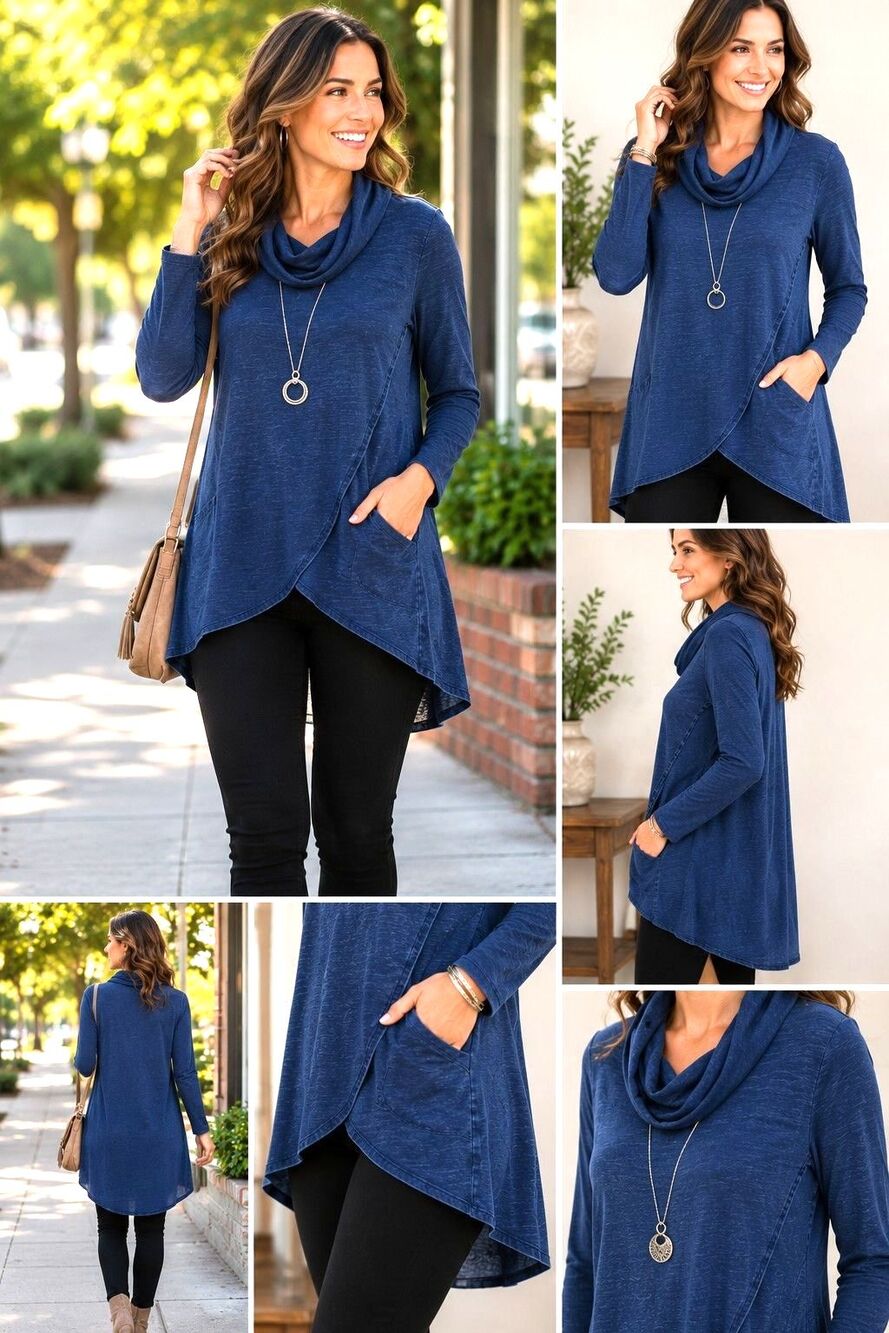 J Jill Pure Jill Knit Tunic Top Women S Blue Cowl Neck Asymmetrical Lagenlook